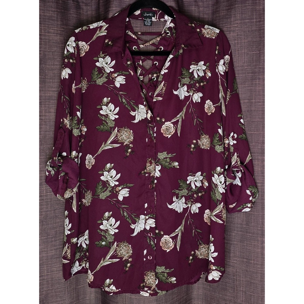 Justify Womens L Blouse Maroon‎ Floral 3/4 Tab Sleeve V Neck Back Cutout Button